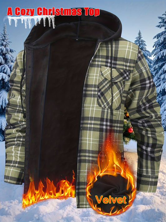 2026 New Men'S Inner Fleece Hoodie Checkered Warm Shirt Coat | Outdoor Sports Hoodie, Retro Maillard Leisure New Year Christmas Gift Recommendation, Elegant Style with Pockets, Long Sleeves, Medium Stretch Fabric