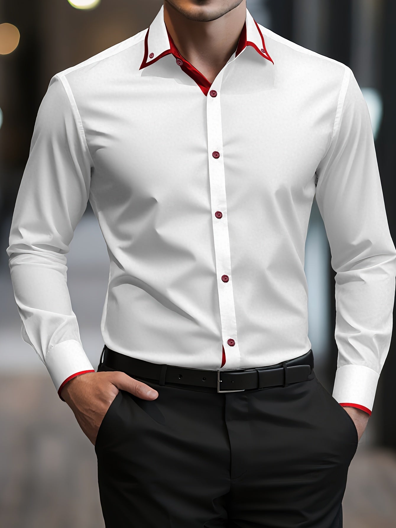 [Striking Style Shirt] Striking Style Shirt | Burgundy Collar & Buttons | High-Quality Fabric