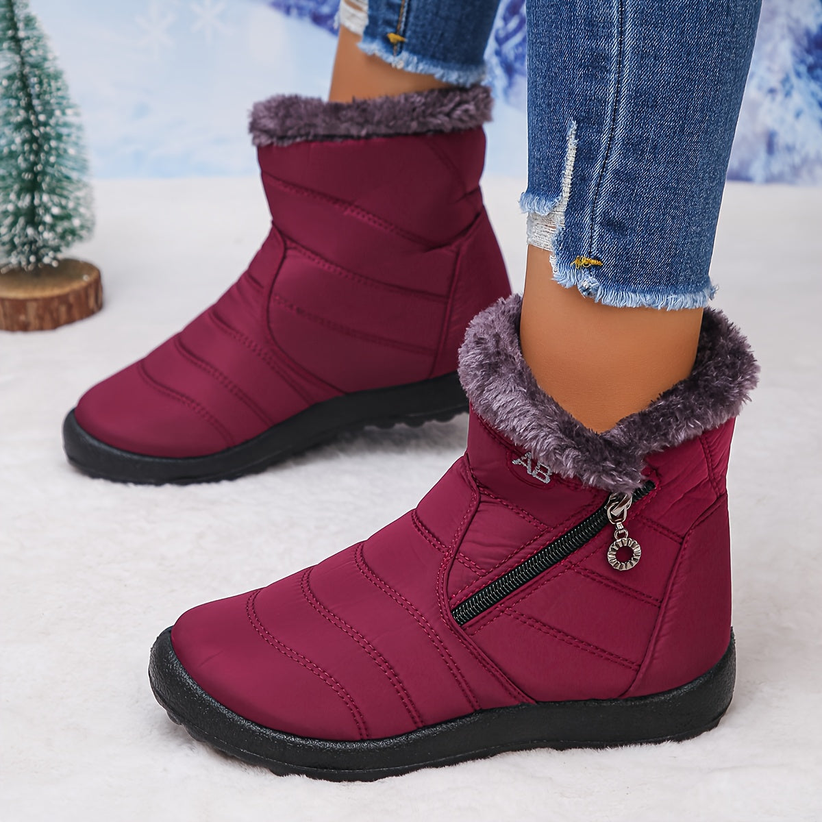 Women's Ankle Booties with Fuzzy Collar Stylish Winter Footwear Comfortable Slip - On Design Trendy Short Boots Perfect for Cold Weather Errands Shopping Weekend Walks and Casual Gatherings for Ladies, Women Shoes