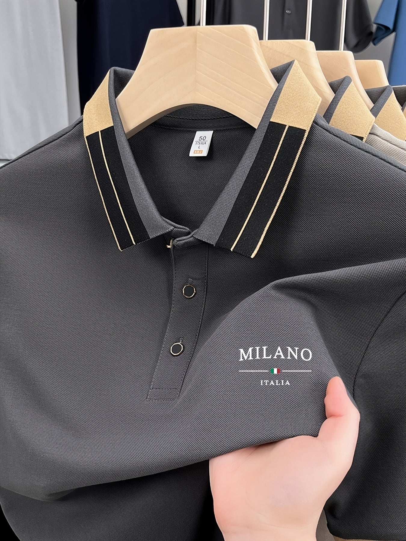 [Men's Lightweight Polo Shirt] Men's Lightweight Soft POLO Shirt with 'MILANO ITALIA' Print | Breathable Summer Casual And Business Wear, Regular Fit, Button Collar, Ideal for Vacation And Daily Use, Fashion Contrast Design, Soft Fabric