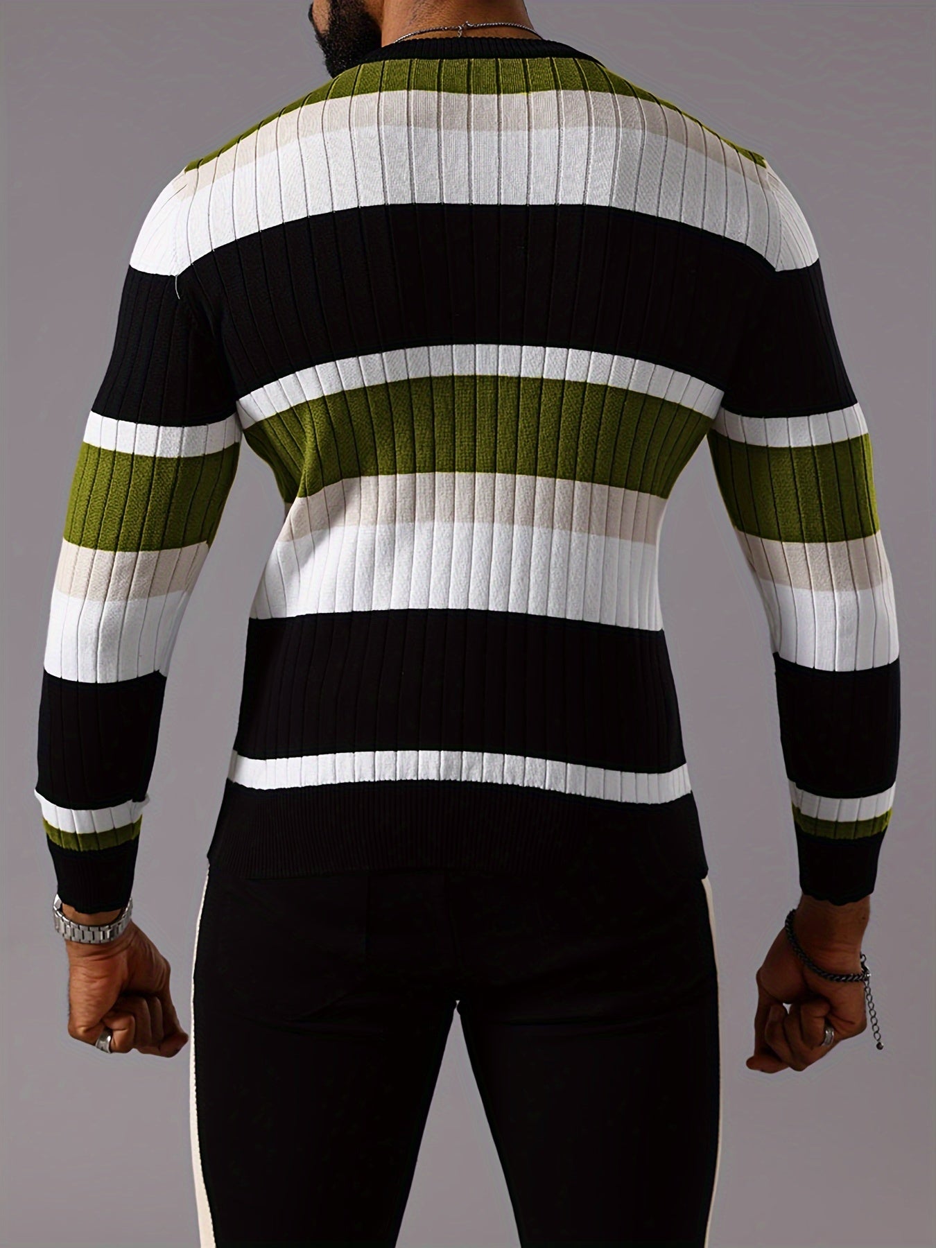 Striped Color-blocked Round-neck Long-sleeve Ribbed Pullover Knit Sweater