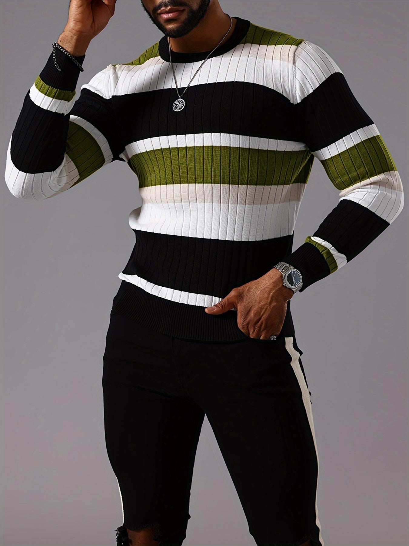 Striped Color-blocked Round-neck Long-sleeve Ribbed Pullover Knit Sweater