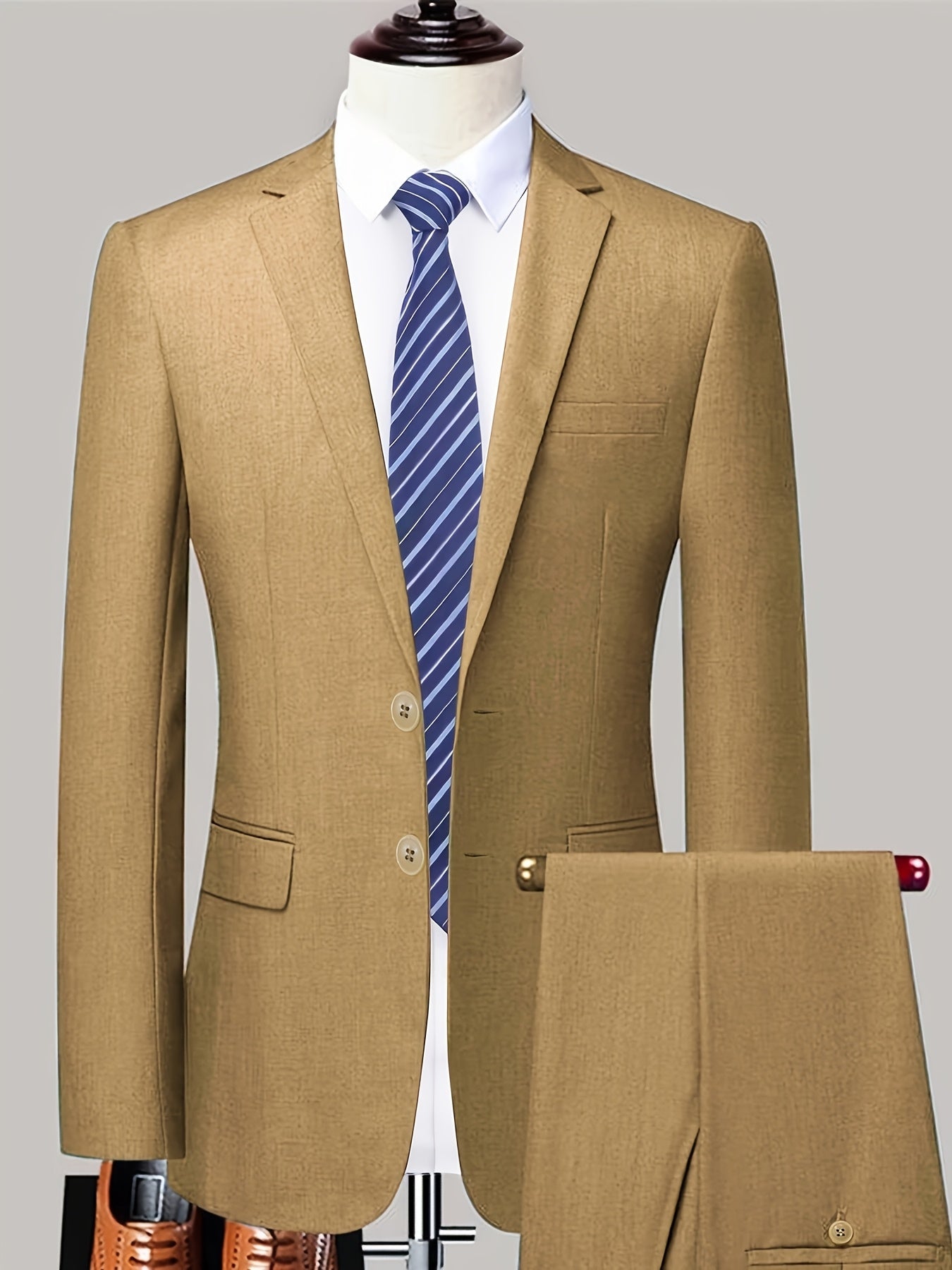 2pcs Men's Solid Color Single-Breasted Suit Set, Light Business Elegant Wedding Suit, Two-Piece Korean Style Jacket with Unopened Pockets, No Accessories Included