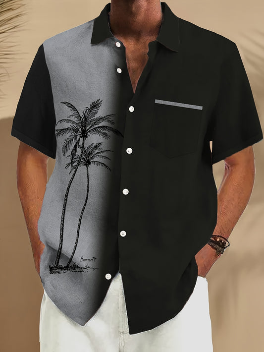 Gradient Print Short Sleeve Shirt - Men's Vintage Hawaiian Coconut Tree Button Pocket -