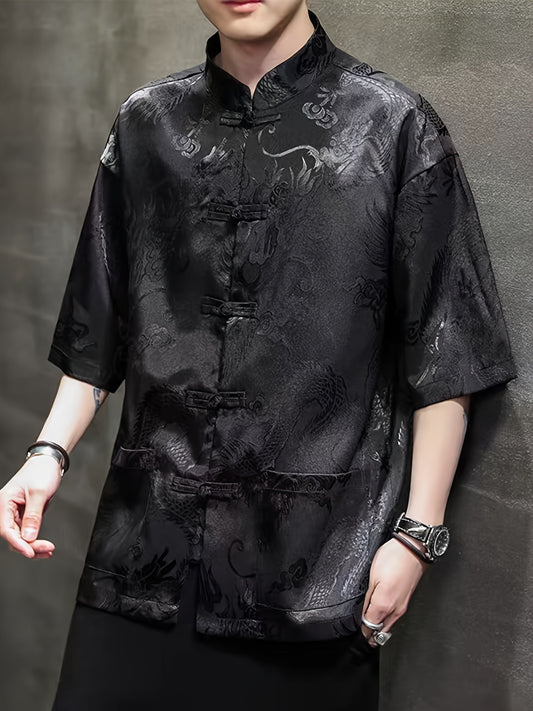 [Breathable Tang Suit Top] Lightweight Breathable Jacquard Short-Sleeved Tang Suit Top for Men | Comfortable Versatile Outdoor Wear - Chinese Size, Check Size Guide