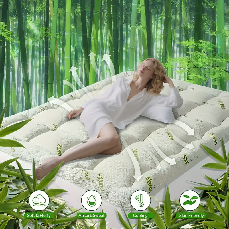 1pc Extra Thick Cooling Bamboo Jacquard Mattress Topper - 1200GSM Quilted Bed Topper with Breathable Moisture-Resistant Layer, Cooling Technology for Hot Sleepers, Fits 16'' Deep Mattresses, Machine Washable & Natural Bamboo Fabric