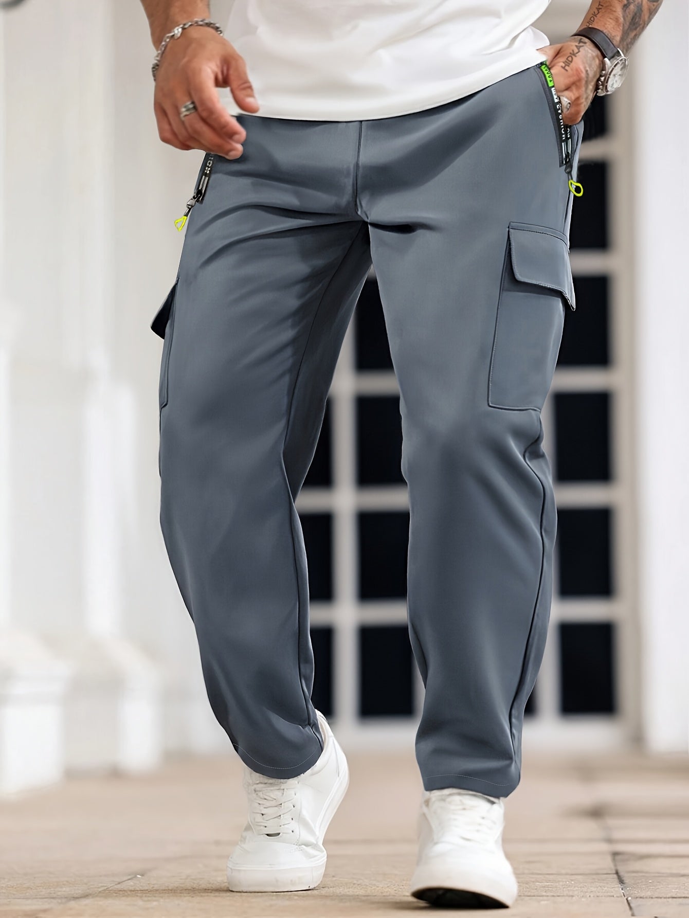 1pc Men's Fashion Solid Color Pants with Zippered and Drawstring Multi-Pocket Casual Breathable Trousers, Suitable for Summer Outdoor Activities