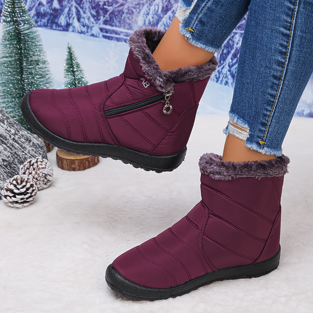 Women's Ankle Booties with Fuzzy Collar Stylish Winter Footwear Comfortable Slip - On Design Trendy Short Boots Perfect for Cold Weather Errands Shopping Weekend Walks and Casual Gatherings for Ladies, Women Shoes