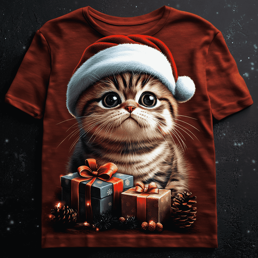 Gift Holding Cat Christmas Red Tee
