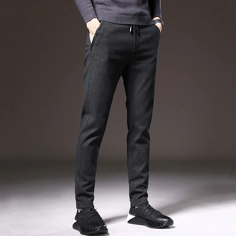 Autumn Winter Men Thermal Office Pants Straight Narrow Leg Classic Casual Pants Drawstring Tie Up Design Thicken Fleece Trousers