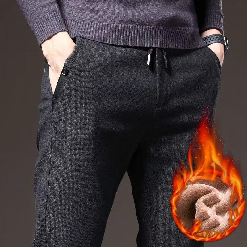 Autumn Winter Men Thermal Office Pants Straight Narrow Leg Classic Casual Pants Drawstring Tie Up Design Thicken Fleece Trousers